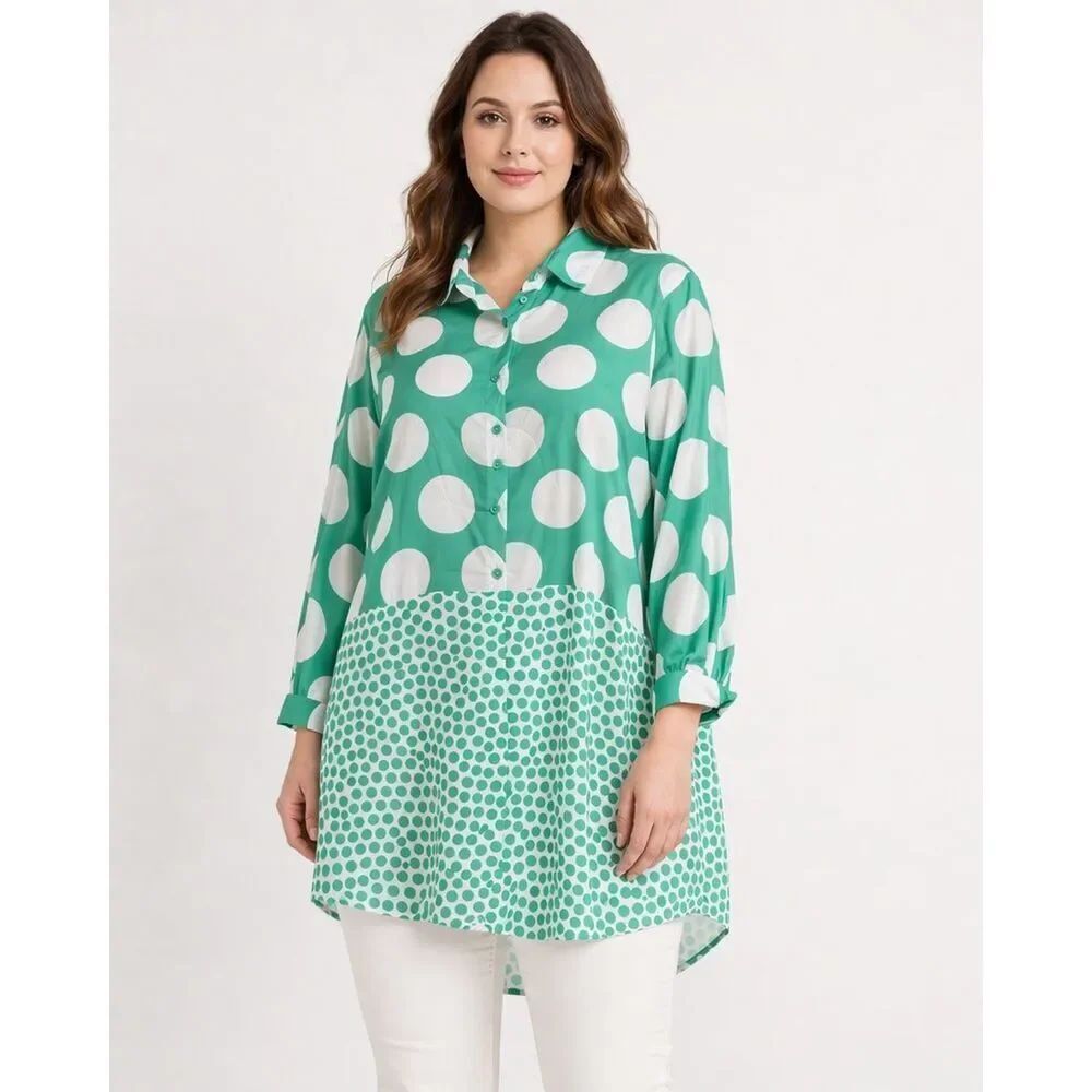 Susan Graver 2X Green Polka Dot Button Front Tunic Blouse Plus Size